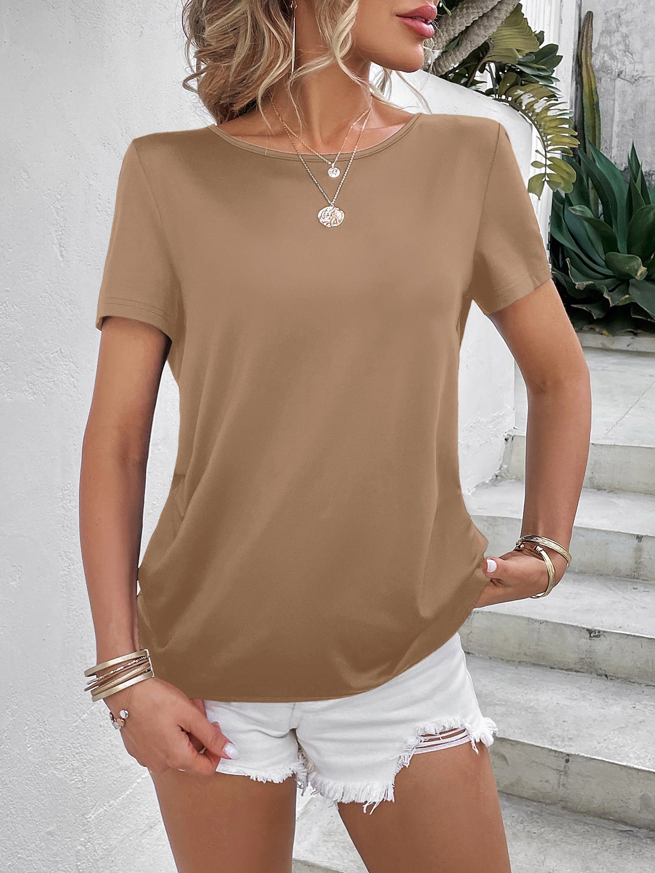 Beads Trim Back Twisted Blouse