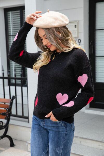 Heart Round Neck Droppped Shoulder Sweater